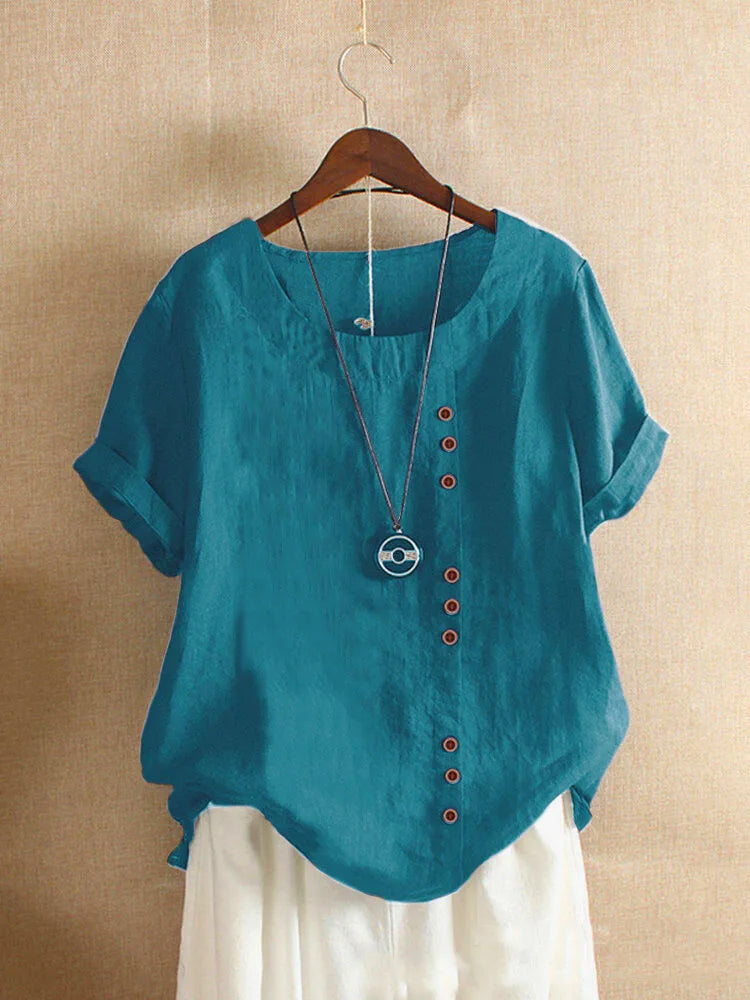 18 Colors S-5XL Women Cotton Linen Button Blouse Summer Female O-Neck Short Sleeve Solid Shirt Tops