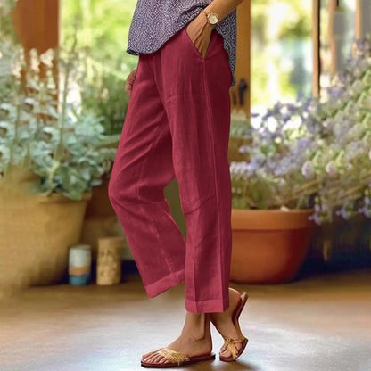 Women's Linen Blend Pants – High Waisted Elastic Waist Loose Straight Leg Trousers with Pockets | Summer Casual Beach Wide Leg Pants (18 Colors)