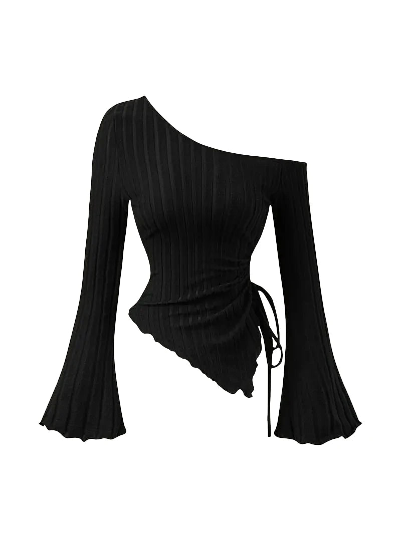 Women's Off Shoulder Asymmetrical Ribbed Long Sleeve Top – Ruched Slim Fit Bell Sleeve Y2K Streetwear Going Out Shirt