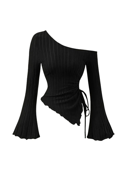 Women's Off Shoulder Asymmetrical Ribbed Long Sleeve Top – Ruched Slim Fit Bell Sleeve Y2K Streetwear Going Out Shirt