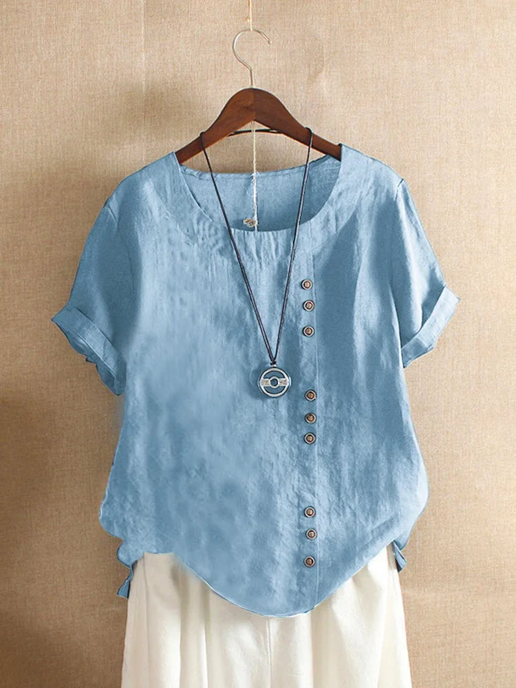 18 Colors S-5XL Women Cotton Linen Button Blouse Summer Female O-Neck Short Sleeve Solid Shirt Tops