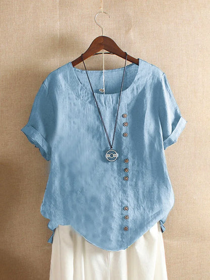18 Colors S-5XL Women Cotton Linen Button Blouse Summer Female O-Neck Short Sleeve Solid Shirt Tops