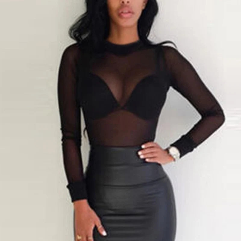 Sexy Women T Shirt See Through Transparent Mesh Tops Long Sleeve Sheer Slim Ladies Turtleneck T-Shir