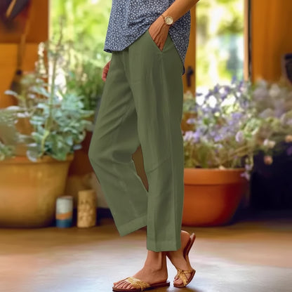 Women's Linen Blend Pants – High Waisted Elastic Waist Loose Straight Leg Trousers with Pockets | Summer Casual Beach Wide Leg Pants (18 Colors)