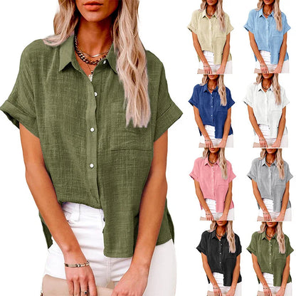 Women's Linen Button Down Shirt Casual Loose Fit Short Sleeve Blouse with Pocket Summer Lightweight Top