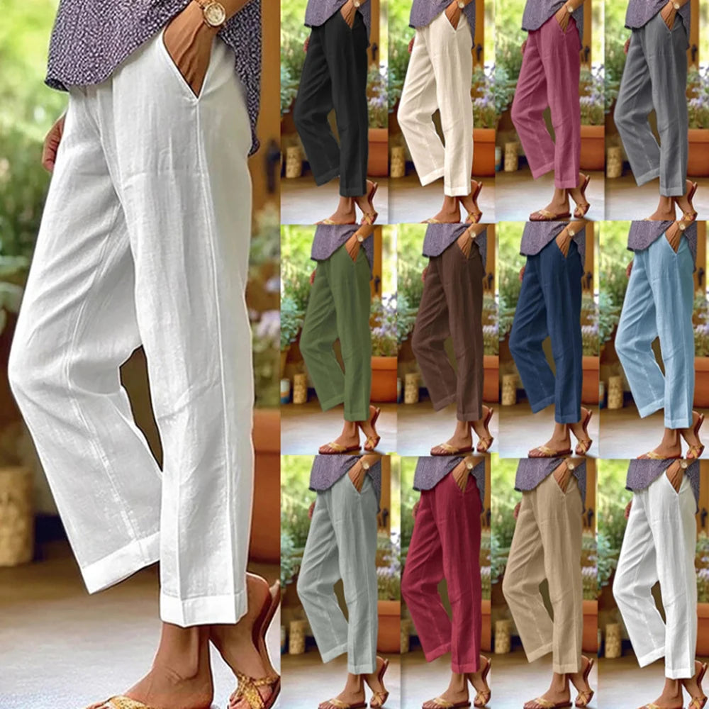 Women's Linen Blend Pants – High Waisted Elastic Waist Loose Straight Leg Trousers with Pockets | Summer Casual Beach Wide Leg Pants (18 Colors)