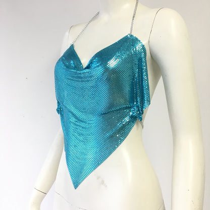 Sexy V Neck Halter Neck Backless Crop Top Glitter Metal Sequins Handmade Patchwork Tank Top Vocal Concert Party Camisole