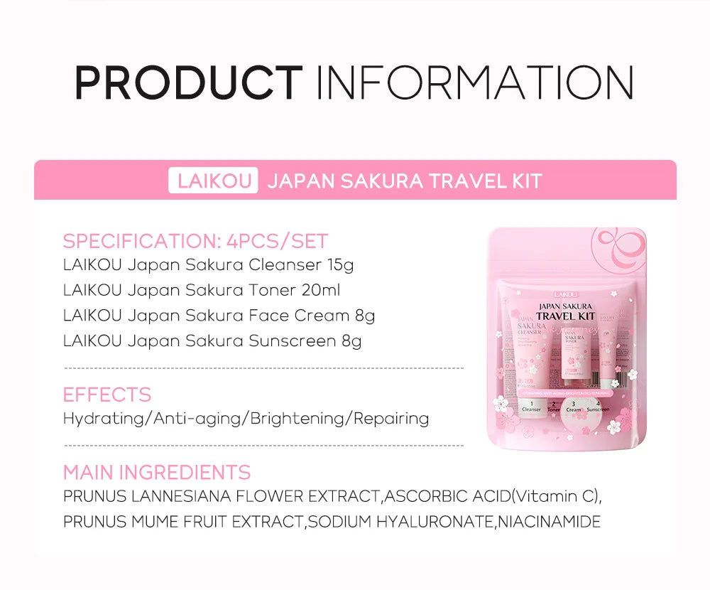 LAIKOU Sakura Skin Care Sets Facial Cleanser Face Cream Serum Toner Moisturizing Brightening Firming Hydrating Face Care Kit