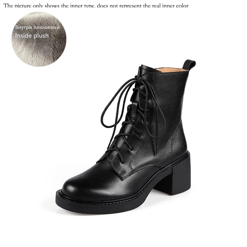 Women’s Genuine Leather Ankle Boots – Lace-Up, Platform, Chunky Heel, Round Toe