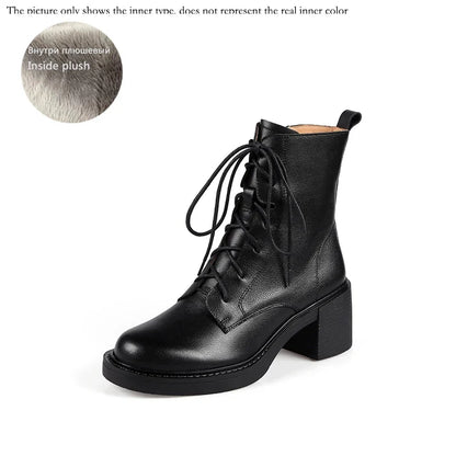 Women’s Genuine Leather Ankle Boots – Lace-Up, Platform, Chunky Heel, Round Toe