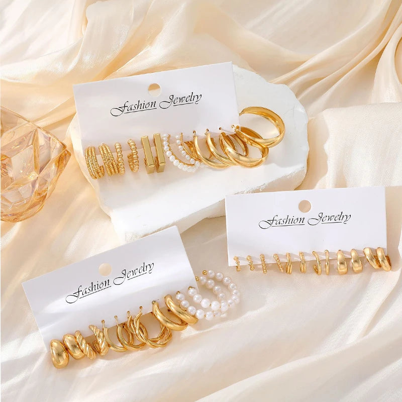 Gold Geometric Hoop Earrings for Women with Pearl Accents and Textured Styles