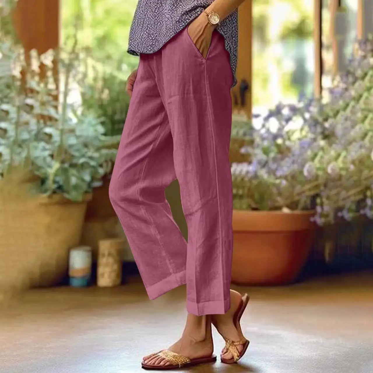 Women's Linen Blend Pants – High Waisted Elastic Waist Loose Straight Leg Trousers with Pockets | Summer Casual Beach Wide Leg Pants (18 Colors)
