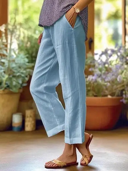 Women's Linen Blend Pants – High Waisted Elastic Waist Loose Straight Leg Trousers with Pockets | Summer Casual Beach Wide Leg Pants (18 Colors)