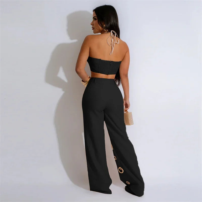 Women’s Sexy 2 Piece Club Outfit – Halter Crop Top & High Waist Pants Set | Party, Festival & Nightwear Fashion