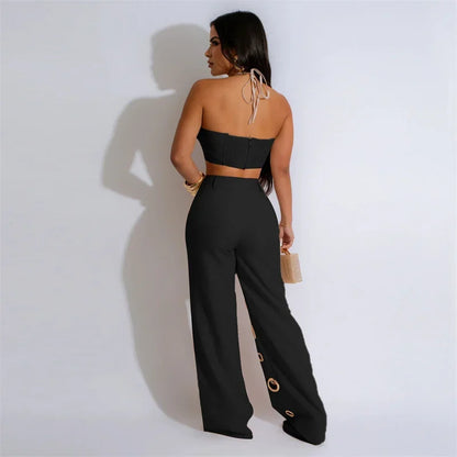 Women’s Sexy 2 Piece Club Outfit – Halter Crop Top & High Waist Pants Set | Party, Festival & Nightwear Fashion
