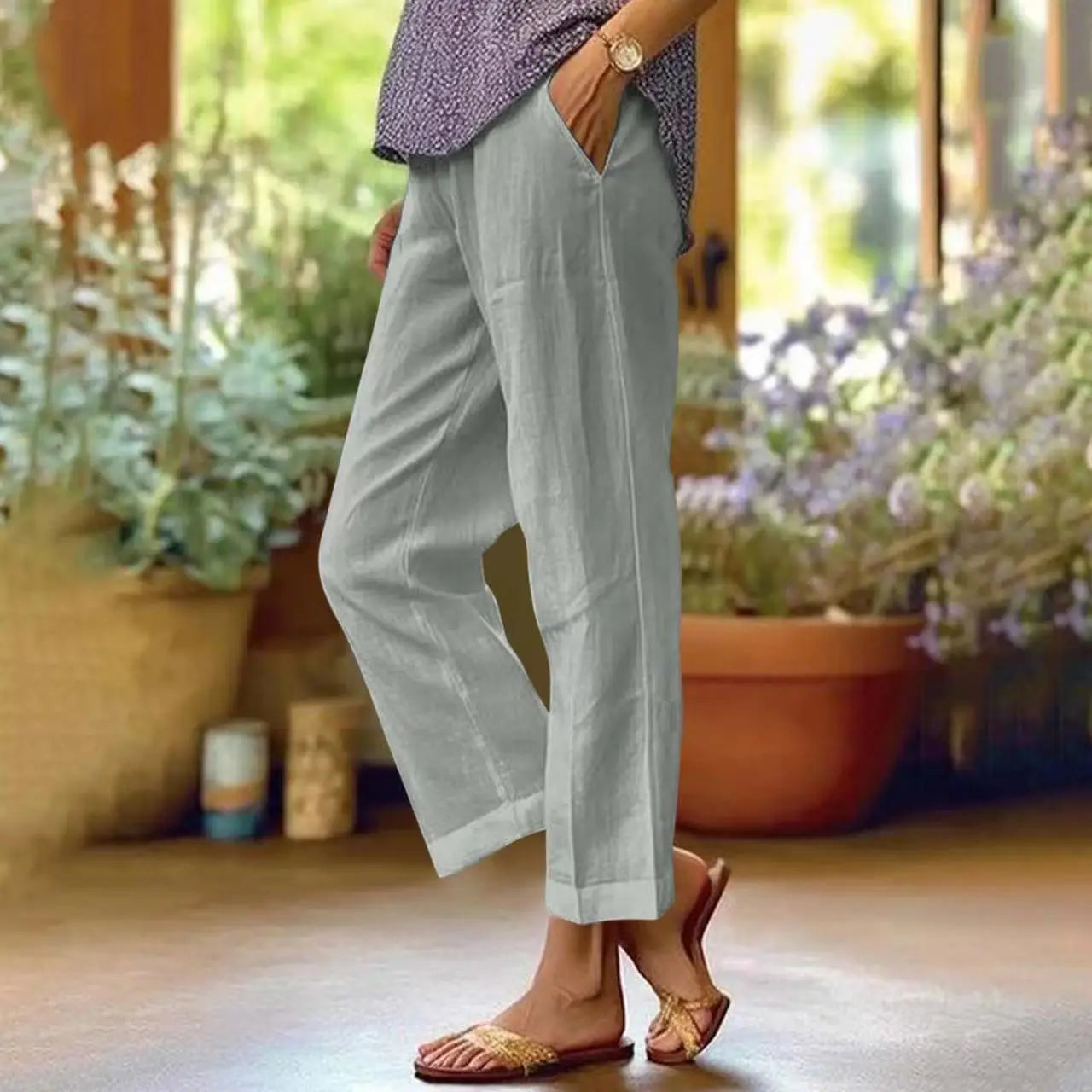 Women's Linen Blend Pants – High Waisted Elastic Waist Loose Straight Leg Trousers with Pockets | Summer Casual Beach Wide Leg Pants (18 Colors)