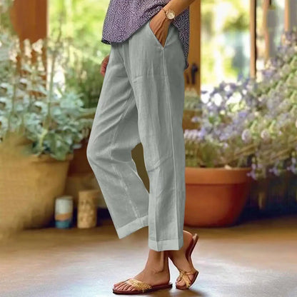 Women's Linen Blend Pants – High Waisted Elastic Waist Loose Straight Leg Trousers with Pockets | Summer Casual Beach Wide Leg Pants (18 Colors)
