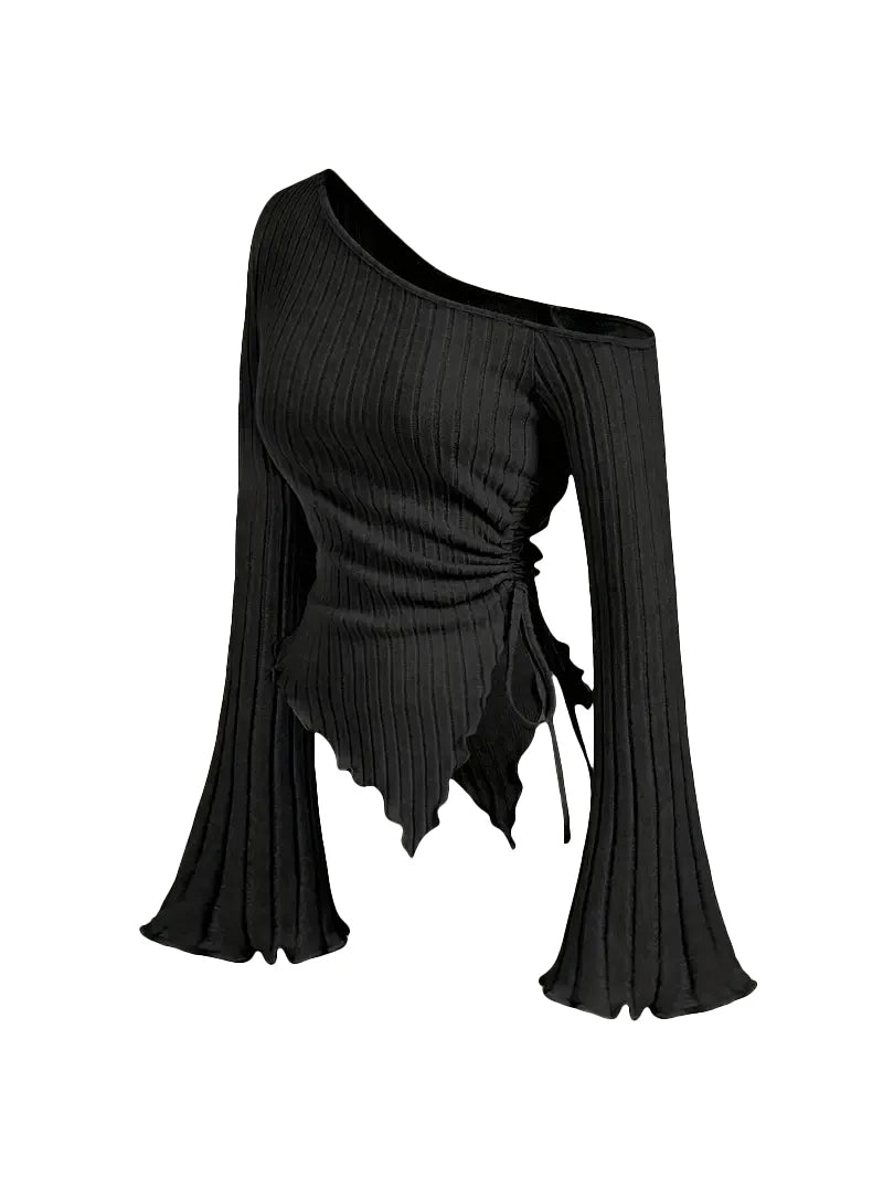 Women's Off Shoulder Asymmetrical Ribbed Long Sleeve Top – Ruched Slim Fit Bell Sleeve Y2K Streetwear Going Out Shirt