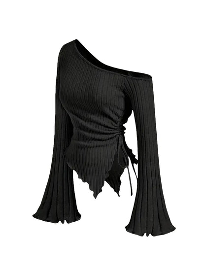Women's Off Shoulder Asymmetrical Ribbed Long Sleeve Top – Ruched Slim Fit Bell Sleeve Y2K Streetwear Going Out Shirt