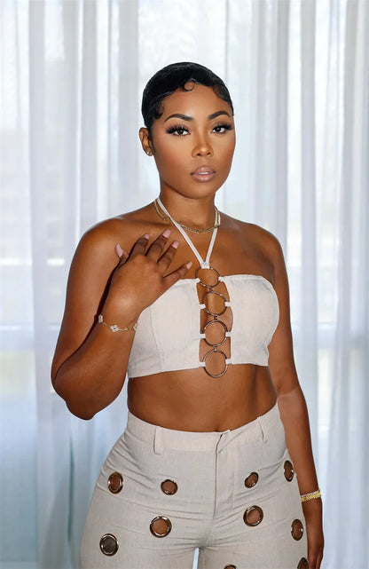 Women’s Sexy 2 Piece Club Outfit – Halter Crop Top & High Waist Pants Set | Party, Festival & Nightwear Fashion