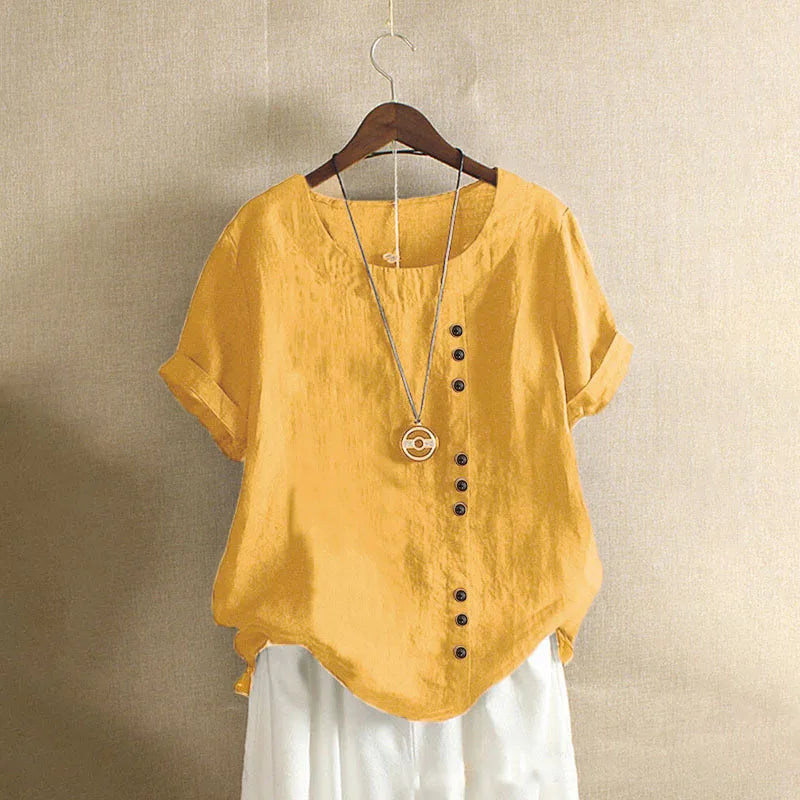 18 Colors S-5XL Women Cotton Linen Button Blouse Summer Female O-Neck Short Sleeve Solid Shirt Tops