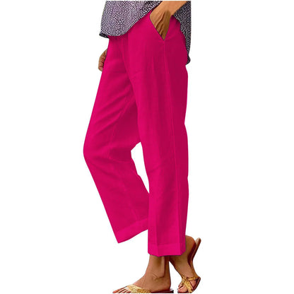 Women's Linen Blend Pants – High Waisted Elastic Waist Loose Straight Leg Trousers with Pockets | Summer Casual Beach Wide Leg Pants (18 Colors)