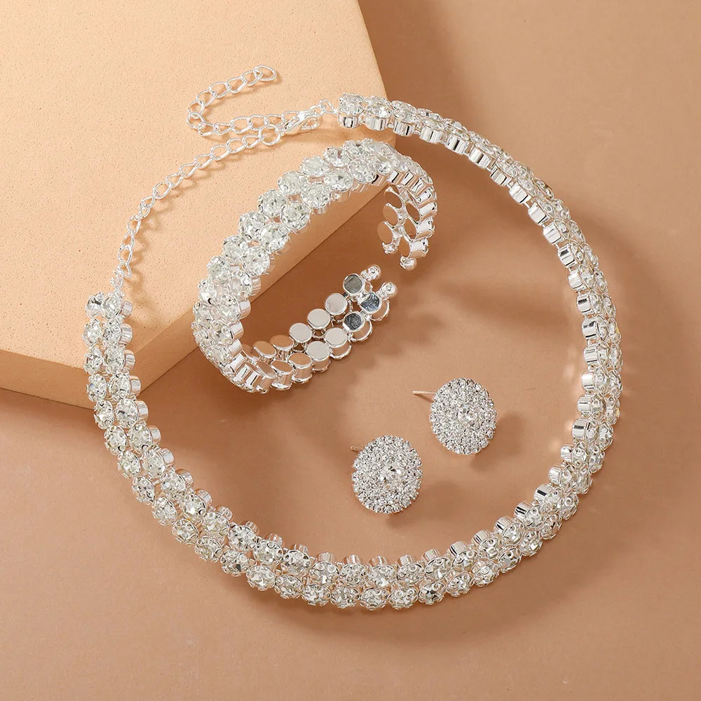 Women’s Luxury Rhinestone Jewelry Set – Double Layer Choker, Bracelet & Stud Earrings