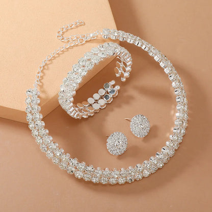Women’s Luxury Rhinestone Jewelry Set – Double Layer Choker, Bracelet & Stud Earrings
