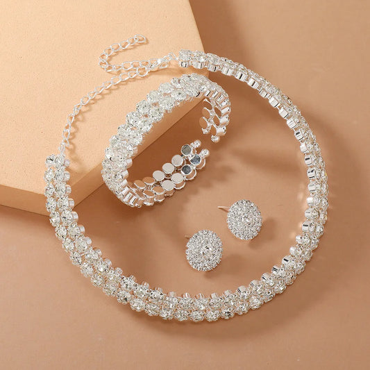 Women’s Luxury Rhinestone Jewelry Set – Double Layer Choker, Bracelet & Stud Earrings
