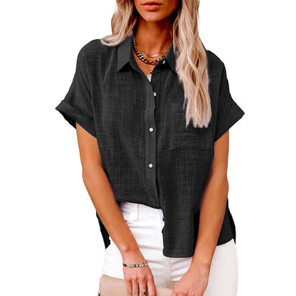 Women's Linen Button Down Shirt Casual Loose Fit Short Sleeve Blouse with Pocket Summer Lightweight Top
