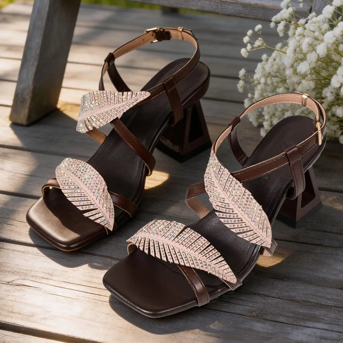 Women's Rhinestone Leaf Strap Block Heel Sandals – Elegant 2026 Summer Open Toe Ankle Strap Dress Shoes