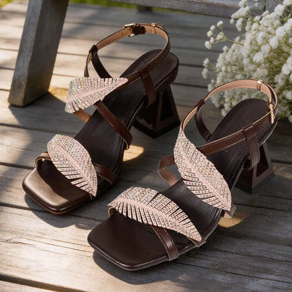 Women's Rhinestone Leaf Strap Block Heel Sandals – Elegant 2026 Summer Open Toe Ankle Strap Dress Shoes