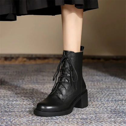 Women’s Genuine Leather Ankle Boots – Lace-Up, Platform, Chunky Heel, Round Toe