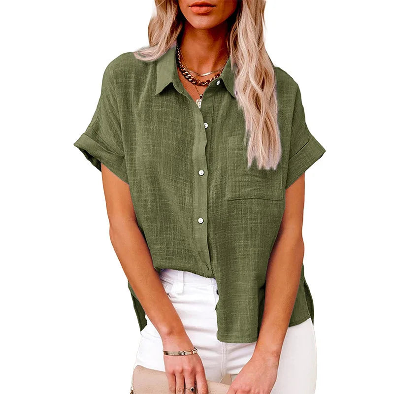 Women's Linen Button Down Shirt Casual Loose Fit Short Sleeve Blouse with Pocket Summer Lightweight Top