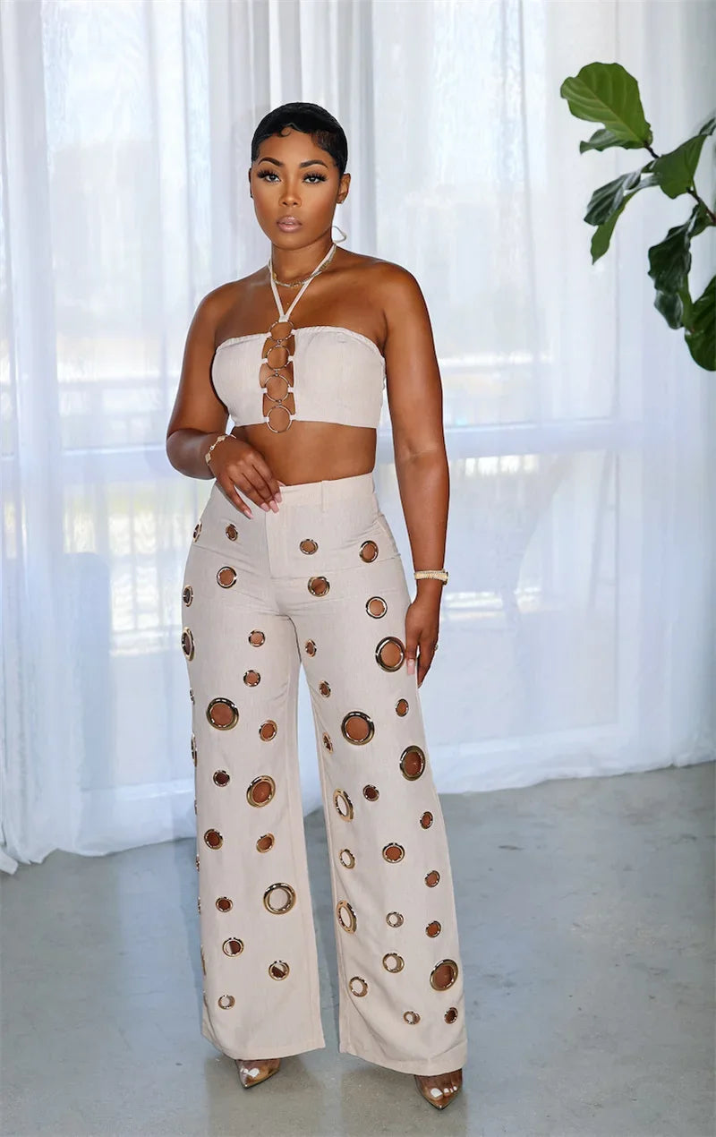 Women’s Sexy 2 Piece Club Outfit – Halter Crop Top & High Waist Pants Set | Party, Festival & Nightwear Fashion