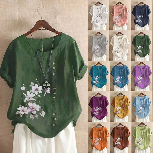 Women's Cotton Linen Floral Print Blouse – Summer Short Sleeve Loose Vintage Tunic Shirt Top
