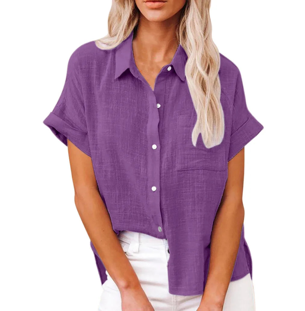 Women's Linen Button Down Shirt Casual Loose Fit Short Sleeve Blouse with Pocket Summer Lightweight Top