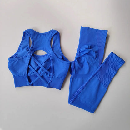 Women’s Seamless Yoga Set – Sexy Open Back Sports Bra & High Waist Scrunch Leggings Gym Outfit