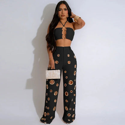 Women’s Sexy 2 Piece Club Outfit – Halter Crop Top & High Waist Pants Set | Party, Festival & Nightwear Fashion