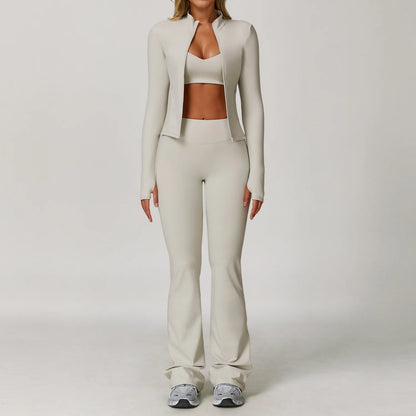 Women's 2/3PCS Yoga Set Workout Clothes Long Sleeve Sports Bra Leggings Gym Running Activewear Outfit