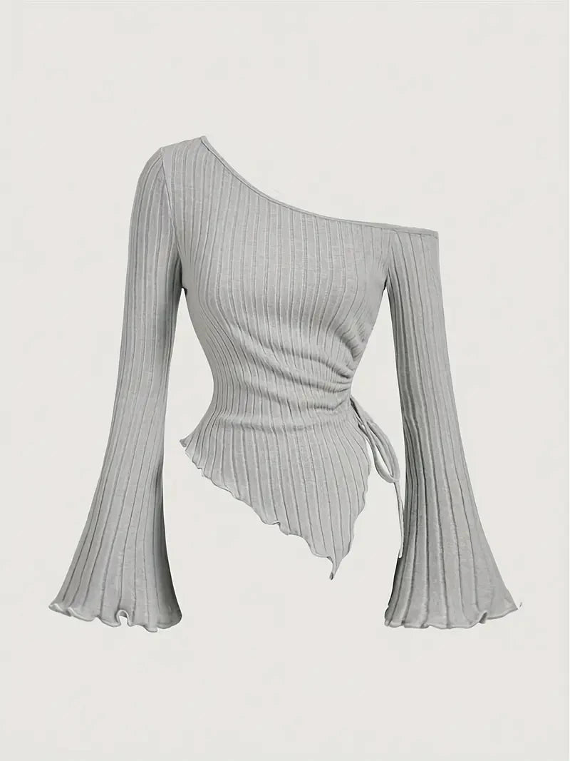 Women's Off Shoulder Asymmetrical Ribbed Long Sleeve Top – Ruched Slim Fit Bell Sleeve Y2K Streetwear Going Out Shirt