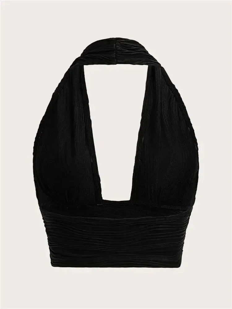 Women's White Backless Halter Crop Top - Deep V Neck Sleeveless Y2K Tank Top, Sexy Club Streetwear Summer Going Out Top