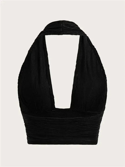 Women's White Backless Halter Crop Top - Deep V Neck Sleeveless Y2K Tank Top, Sexy Club Streetwear Summer Going Out Top