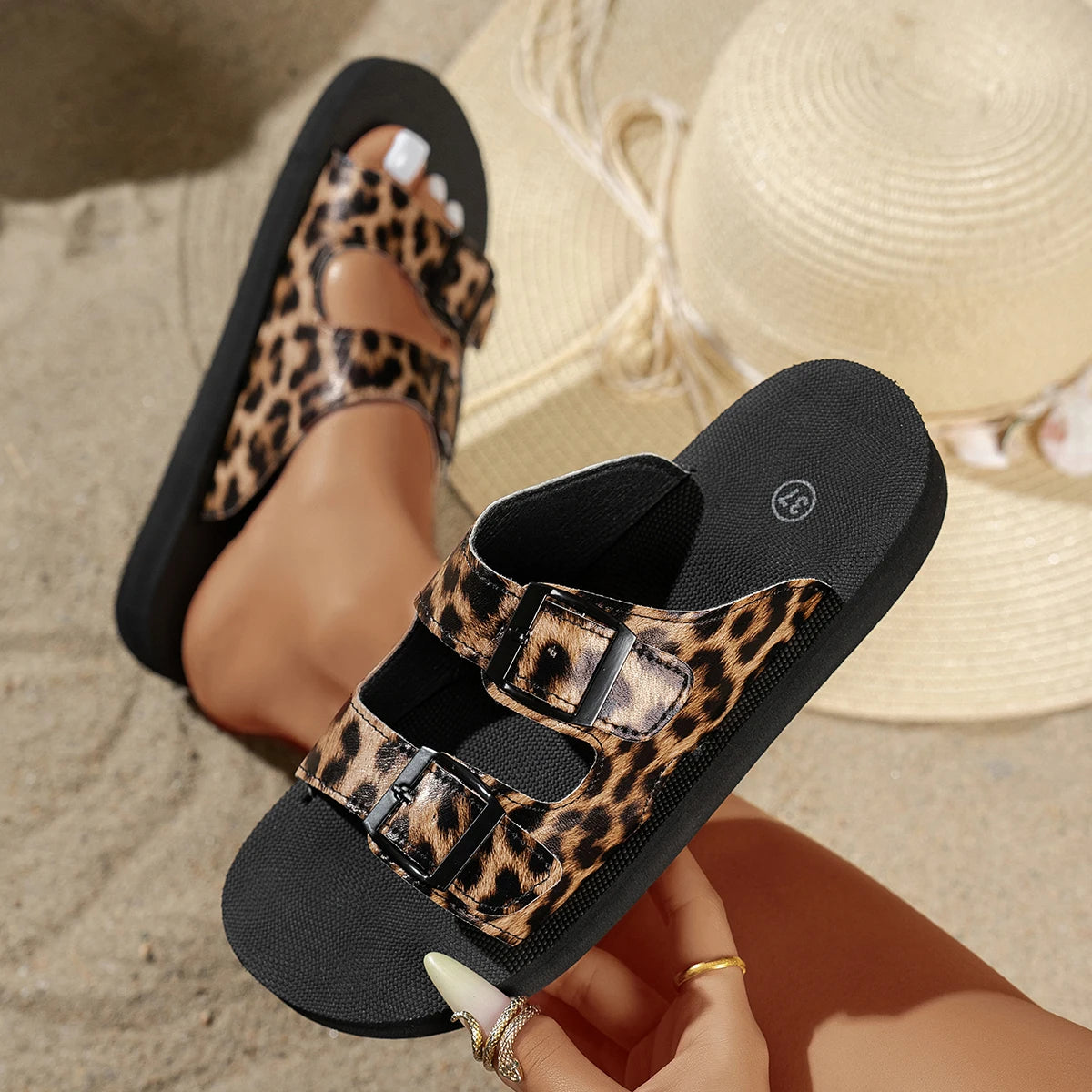 Women's Leopard Print Double Buckle Platform Sandals – Soft Sole Comfort Slides, Casual Beach Vacation Flat Slippers