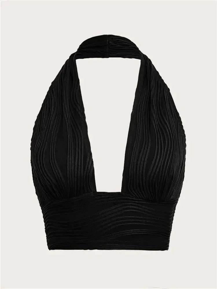 Women's White Backless Halter Crop Top - Deep V Neck Sleeveless Y2K Tank Top, Sexy Club Streetwear Summer Going Out Top