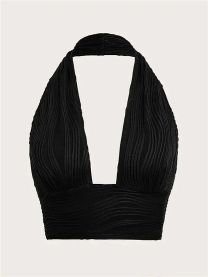 Women's White Backless Halter Crop Top - Deep V Neck Sleeveless Y2K Tank Top, Sexy Club Streetwear Summer Going Out Top