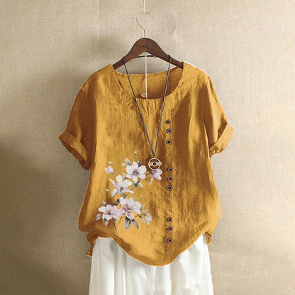 Women's Cotton Linen Floral Print Blouse – Summer Short Sleeve Loose Vintage Tunic Shirt Top