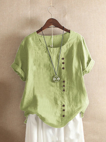 18 Colors S-5XL Women Cotton Linen Button Blouse Summer Female O-Neck Short Sleeve Solid Shirt Tops