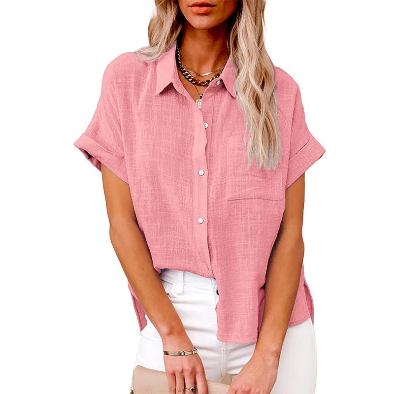 Women's Linen Button Down Shirt Casual Loose Fit Short Sleeve Blouse with Pocket Summer Lightweight Top