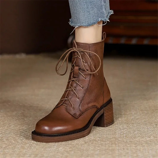 Women’s Genuine Leather Ankle Boots – Lace-Up, Platform, Chunky Heel, Round Toe